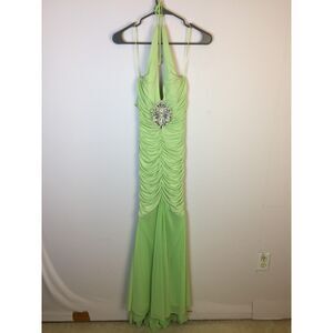 Cache Y2K Cache Mermaid Maxi Gown Halter Dress Size 4 Womans Green Open Tie Back
